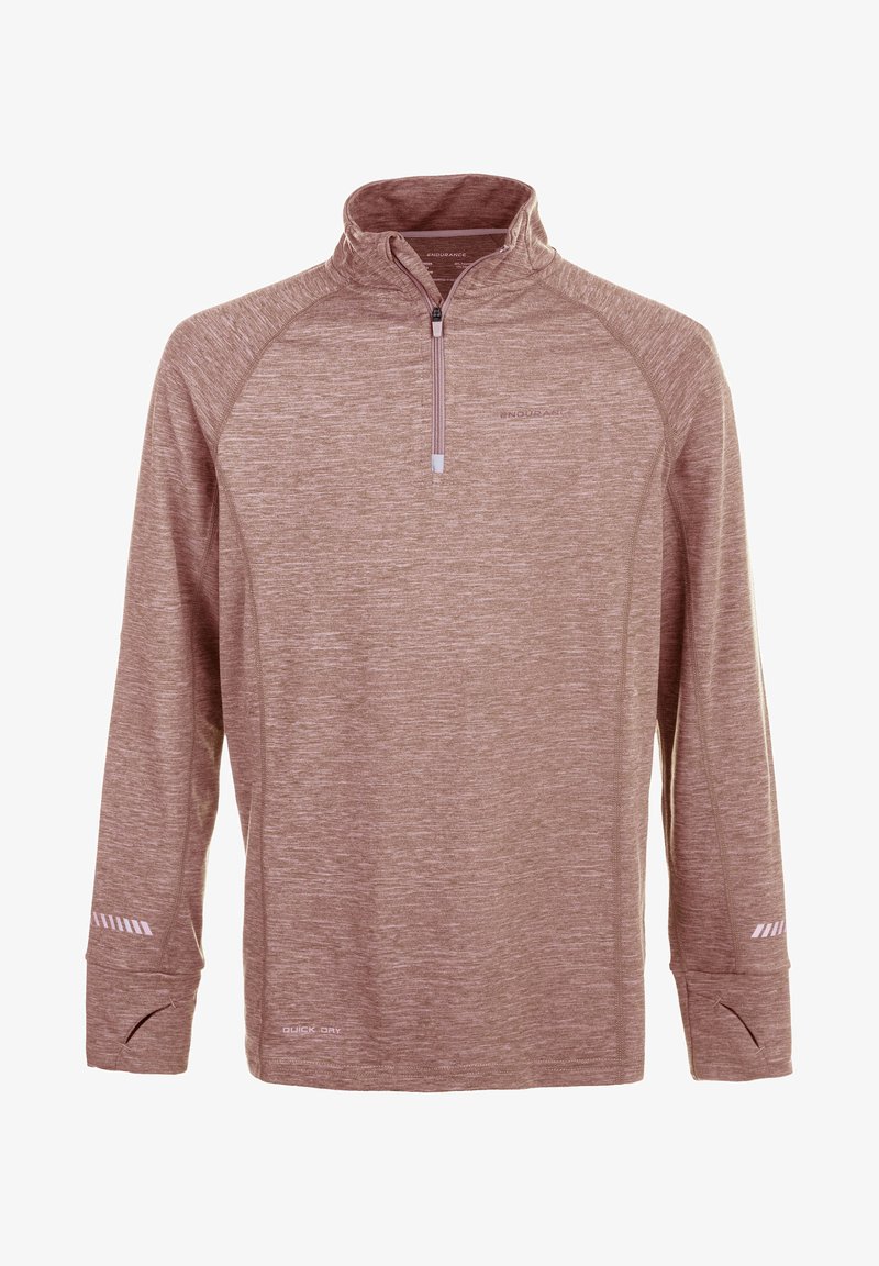 Langärmliges Sportshirt in hellbraun mit einem Viertelreißverschluss-Kragen, gerippter Textur und reflektierenden Akzenten an den Ärmeln. Schnelltrocknendes Material.