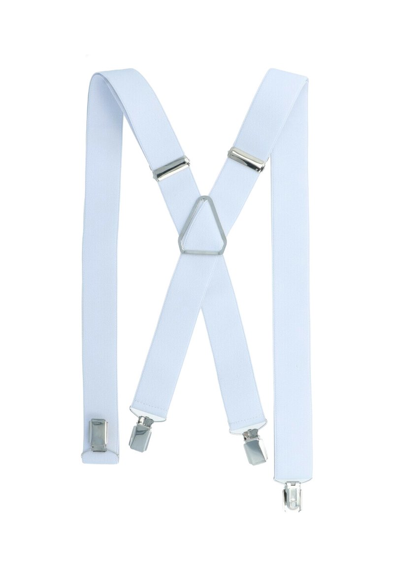 White fabric suspenders with silver metal clips, featuring adjustable straps and a triangular back connector for secure fit.