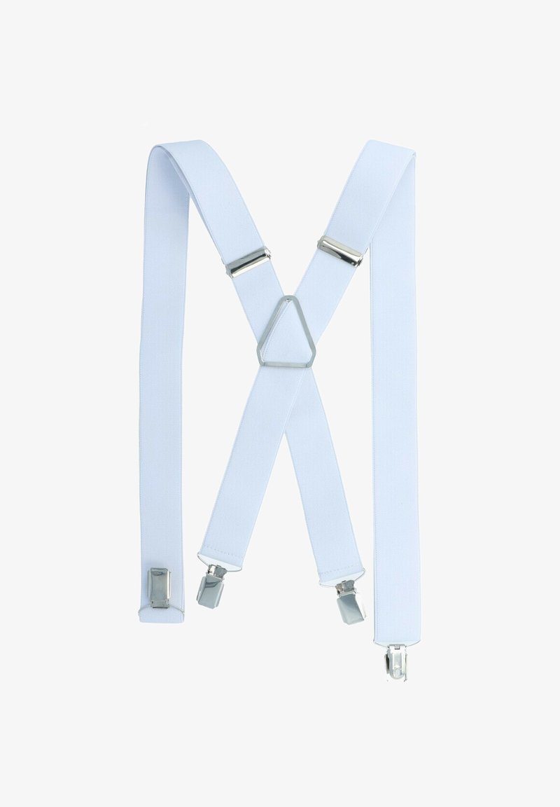 White fabric suspenders with silver metal clips, featuring adjustable straps and a triangular back connector for secure fit.