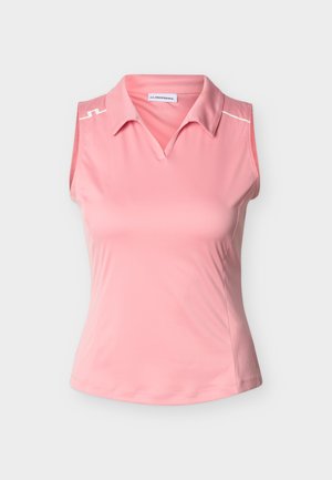 Bezrokavu rozā polo krekls ar apkakli, V-veida izgriezumu, baltu logotipu uz pleca un piegulošu formu.