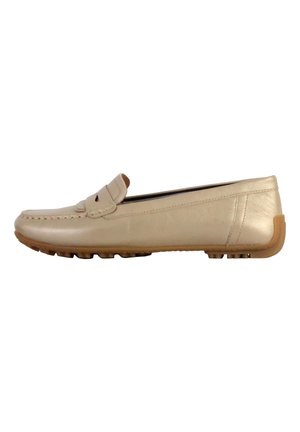 Light beige leather loafer with a flat rubber sole, rounded toe, and a decorative strap across the upper. Simple stitching detail present.