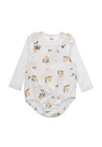 White long-sleeve onesie with yellow lemon and green leaf print, featuring snap closures and soft cotton fabric for comfort.