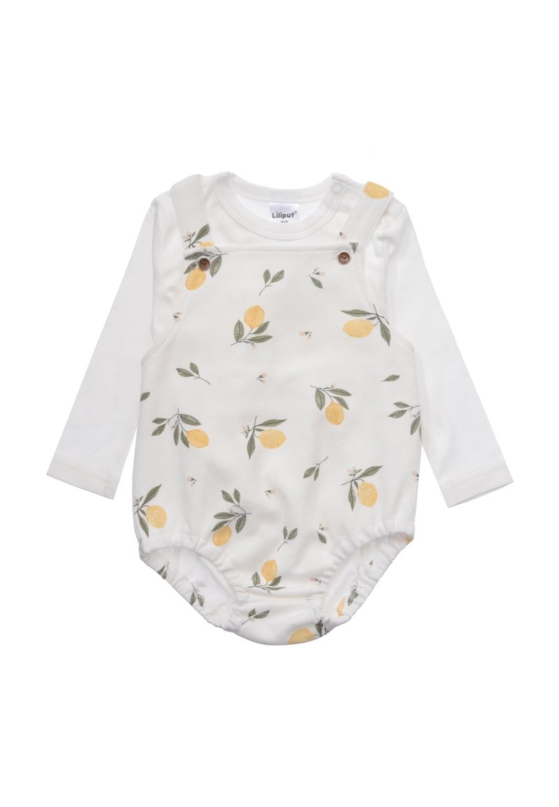 White long-sleeve onesie with yellow lemon and green leaf print, featuring snap closures and soft cotton fabric for comfort.