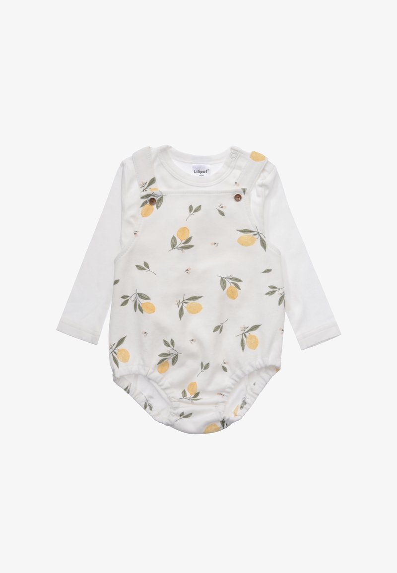 White long-sleeve onesie with yellow lemon and green leaf print, featuring snap closures and soft cotton fabric for comfort.
