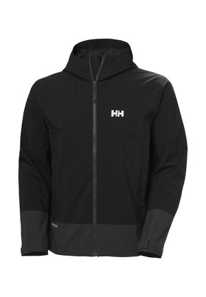 Chaqueta impermeable negra con capucha, cremallera frontal, puños ajustables y logo blanco de HH en el pecho.
