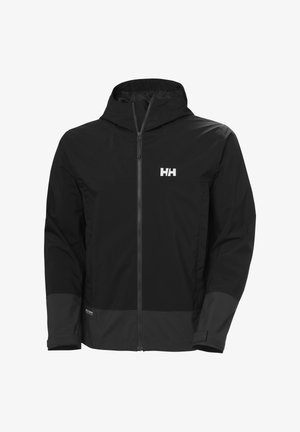 Chaqueta impermeable negra con capucha, cremallera frontal, puños ajustables y logo blanco de HH en el pecho.