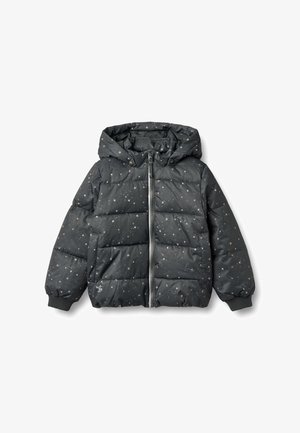 Jachetă matlasată gri închis cu model cu steluțe, prevăzută cu glugă, fermoar frontal și manșete reiate. Textură netedă și design matlasat.