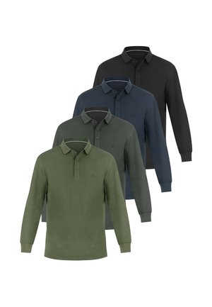Vier langärmelige Poloshirts in Olivgrün, Dunkelgrau, Marineblau und Schwarz, in einer versetzt überlappenden Anordnung angezeigt.