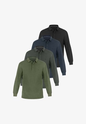 Vier langärmelige Poloshirts in Olivgrün, Dunkelgrau, Marineblau und Schwarz, in einer versetzt überlappenden Anordnung angezeigt.