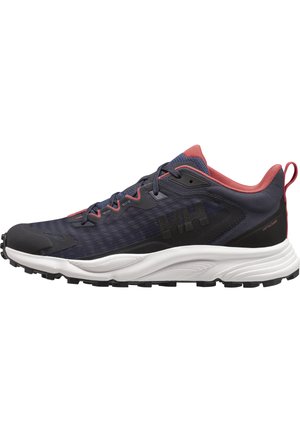 Running shoe with a navy mesh upper, red accents, black rubber toe cap, white midsole, and textured black outsole for traction.