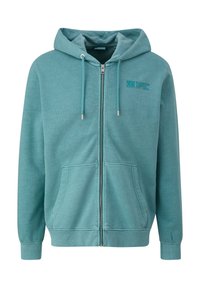 Sweat à capuche zippé couleur sarcelle avec cordon de serrage ajustable, poches avant, poignets côtelés et petit texte imprimé sur le côté gauche de la poitrine.