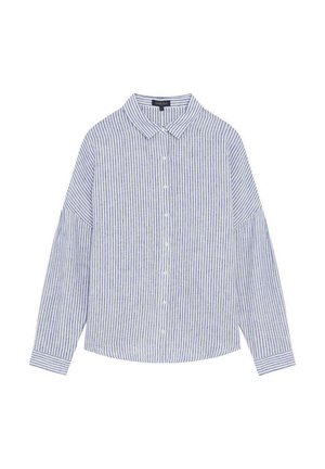 Sininen ja valkoinen raitapaita, jossa on nappi, kaulus, pitkät hihat ja rento mitoitus. Kangas vaikuttaa kevyeltä ja sileältä.