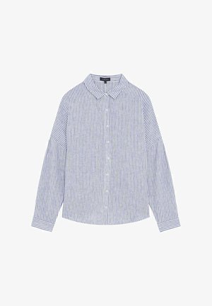 Blauw-wit gestreepte overhemd met knopen, kraag, lange mouwen en een relaxte pasvorm. De stof lijkt licht en heeft een gladde textuur.