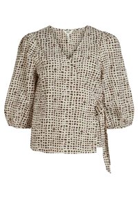 Blouse enveloppante de couleur beige clair avec un motif à carreaux marron. Présente des manches bouffantes et un détail à nouer sur le côté. Fabriquée en tissu léger.