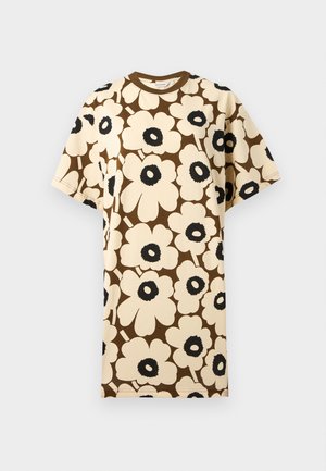 Short-sleeve dress with large cream-colored flowers with black centers on a brown background, crew neck, loose fit.