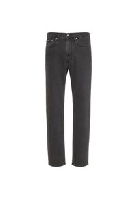 Black denim jeans with a straight leg design, five pockets, and a metal button closure. Features subtle stitching and a classic fit.