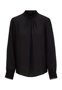 Schwarze Langarmbluse mit hohem Kragen, plissiertem Design und gerafften Schultern. Verfügt über elastische Manschetten und einen glatten, leichten Stoff.