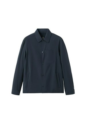 Veste bleu marine foncé à boutons, avec col, manches longues, deux poches latérales et une poche poitrine, posée à plat sur un fond blanc.