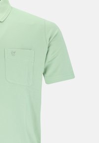 Hellgrünes Poloshirt aus strukturiertem Stoff; verfügt über eine Brusttasche und ein gesticktes Logo auf der linken Seite. Kurze Ärmel und Kragen-Design.