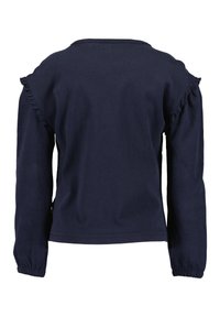 Maglietta a maniche lunghe blu navy in cotone. Presenta dettagli arricciati sulle spalle e polsini arricciati. Design semplice e classico.