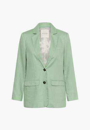Hellgrüner Leinenblazer mit schalähnlichem Kragen, zwei vorderen Taschen und zwei braunen Knöpfen. Verfügt über ein glattes Innenfutter.