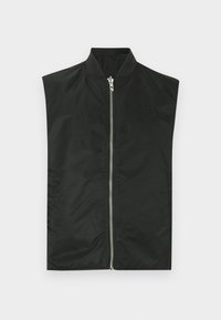 Schwarze ärmellose Bomberjacke aus glattem Nylon, mit einem Frontreißverschluss, einem gerippten Kragen und einer dezenten Logo-Stickerei auf der Brust.