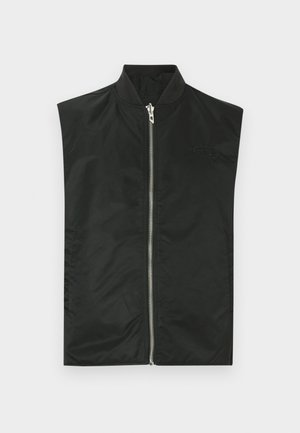 Bomber nero senza maniche in nylon liscio, con cerniera frontale, colletto a coste e ricamo del logo discreto sul petto.