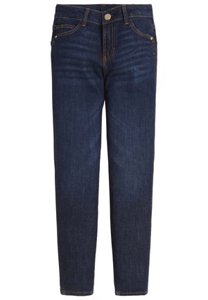 Dunkelblaue gerade geschnittene Jeans aus Denim mit Knopfverschluss, fünf Taschen und sichtbaren orangenen Nähten an Bund und Nähten.