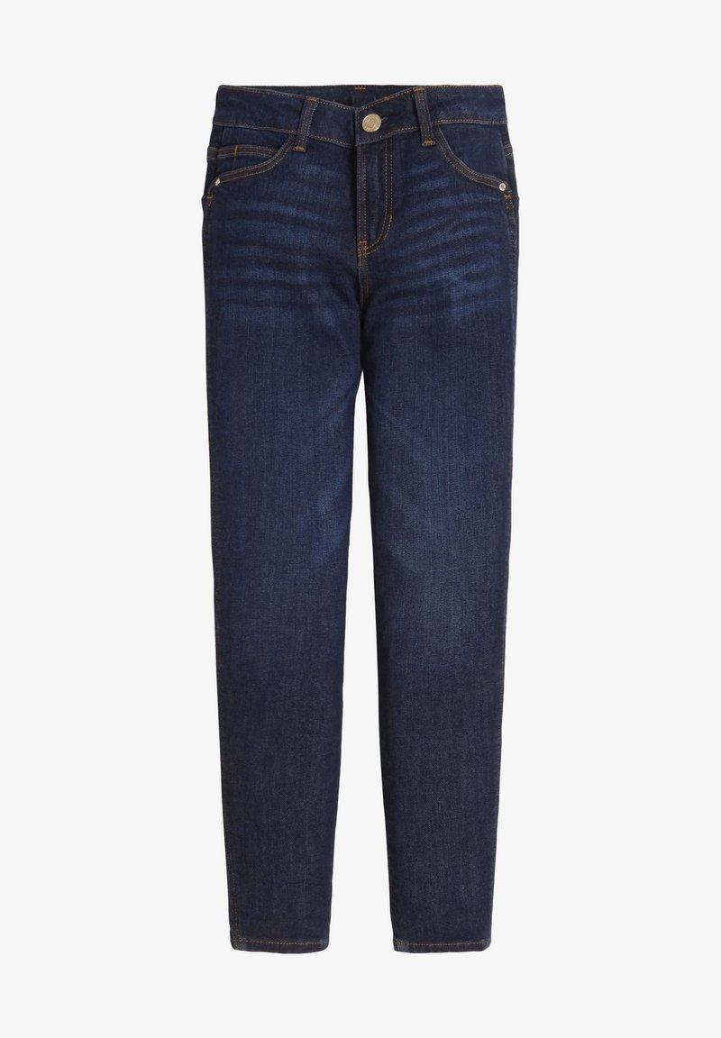 Jean en denim bleu foncé à jambes droites avec fermeture à boutons, cinq poches, et coutures visibles orange sur la ceinture et les coutures.