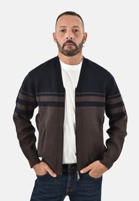 Cardigan a righe marrone scuro e blu navy con cerniera, tessuto morbido, scollo a V e maniche lunghe, indossato sopra una camicia bianca.
