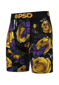 Boxer da uomo neri con un vivace motivo di rose gialle e farfalle viola, dotati di una vita elastica nera con l'etichetta "PSD".