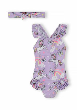 Lawendowy strój kąpielowy dla malucha z falbankami, ozdobiony jednorożcami, tęczami, motylkami i serduszkami, w zestawie z pasującą opaską na głowę.