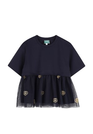 Top bleu marine à manches courtes avec ourlet en tulle superposé décoré de broderies florales dorées, encolure ronde et étiquette Kenzo à l'intérieur du col.