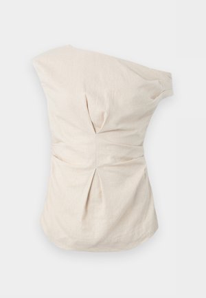Beige linnen top met korte mouwen, geplooid, met asymmetrische halslijn en geplooide plooien aan de voorkant en taille.