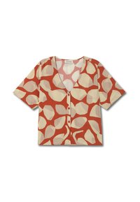 Kurzärmlige Bluse in Orange und Beige, mit einem geometrischen Muster, V-Ausschnitt und vorne Knöpfen. Hergestellt aus leichtem Stoff.