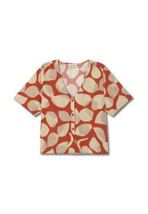 Short-sleeve blouse in orange and beige, featuring a geometric pattern, V-neckline, and front buttons. Made from lightweight fabric.