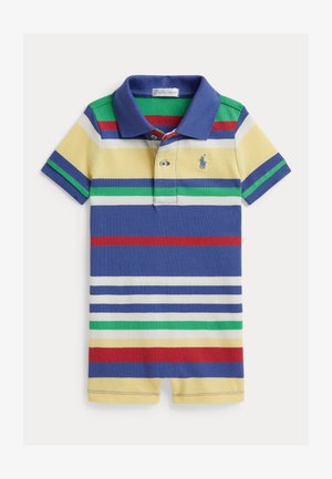 Pruhovaný polo overal z bavlny, s pruhmi v modrej, žltej, zelenej, červenej a bielej farbe; krátke rukávy, golier a zapínanie na tri gombíky.