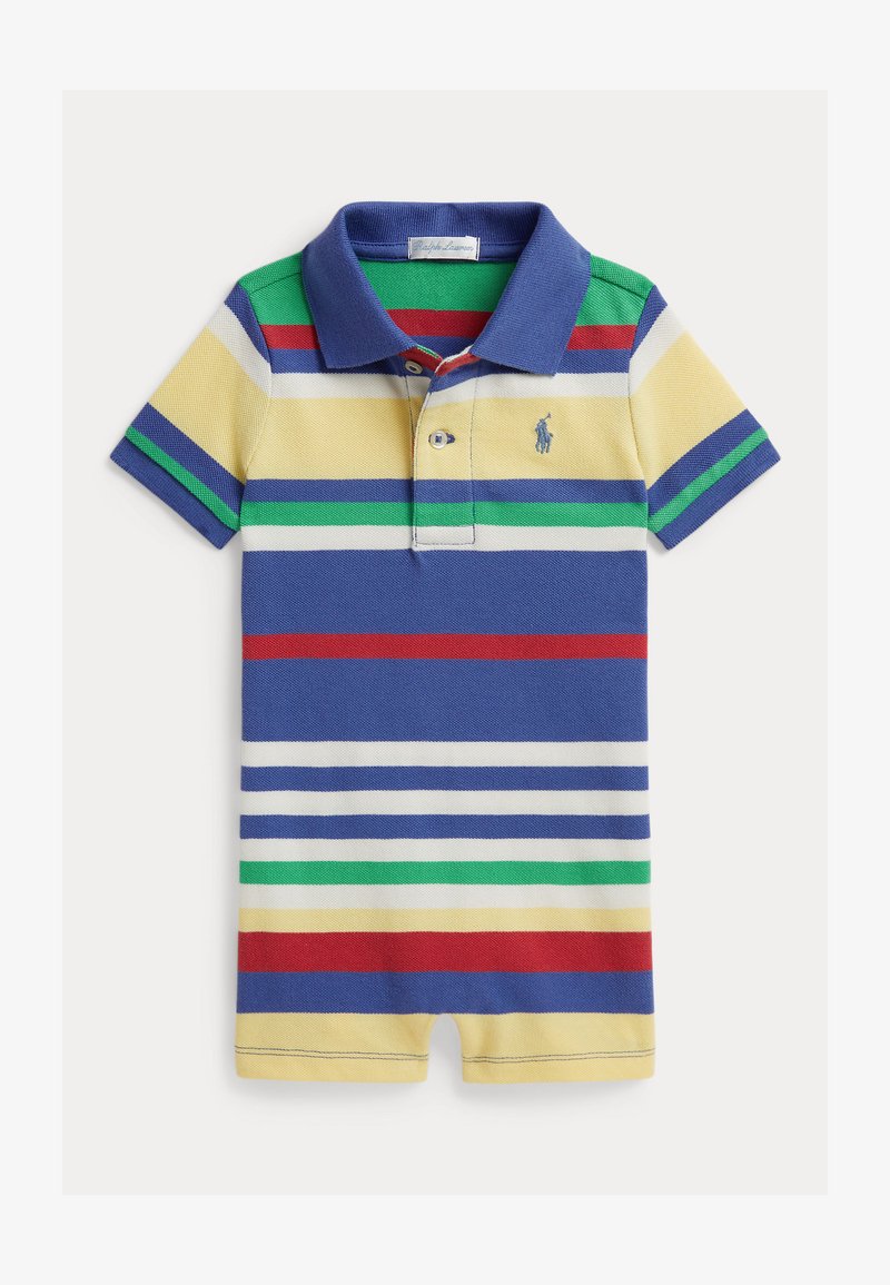 Combinaison-polo rayée en coton, présentant des rayures bleues, jaunes, vertes, rouges et blanches ; manches courtes, col et patte de boutonnage à trois boutons.