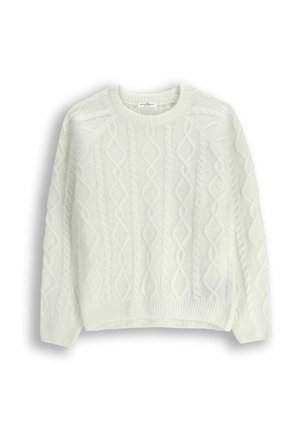 Biały sweter w sploty z okrągłym dekoltem, teksturowanym wzorem oraz ściągaczami na rękawach i dole. Materiał wydaje się miękki i ciepły.