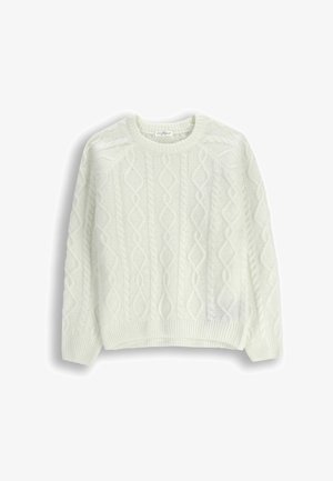 Biały sweter w sploty z okrągłym dekoltem, teksturowanym wzorem oraz ściągaczami na rękawach i dole. Materiał wydaje się miękki i ciepły.