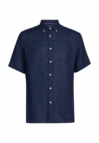 Navy blue short-sleeve button-up shirt made of linen with a textured finish, featuring white buttons and a small logo on the chest.
