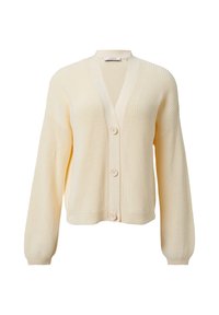 Helle gelbe Strickjacke aus geripptem Material, mit einem V-Ausschnitt, langen Ärmeln und drei Knöpfen auf der Vorderseite.