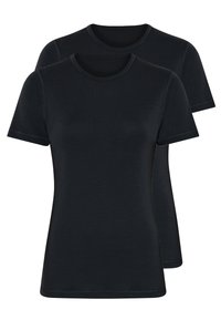 Sorte kortærmede T-shirts med rund hals, lavet af glat stof, har minimale sømme og en klassisk pasform. To T-shirts vist.