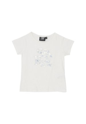 T-shirt blanc à manches courtes, à col rond, avec un lettrage argenté réfléchissant sur la poitrine.