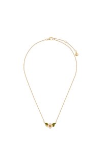 Fin guldkedja med ett litet krämfärgat blomhängsmycke omgivet av två gröna emaljblad.