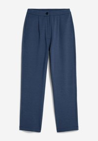Navyblauwe zachte stofbroek met een recht model, voorzien van een knoop in de tailleband, plooien aan de voorkant en zijzakken.