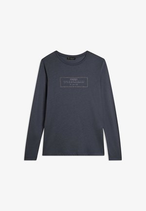 T-shirt a maniche lunghe, blu navy, realizzato in tessuto morbido. Presenta una stampa rettangolare con testo bianco e piccoli dettagli in strass sul davanti.