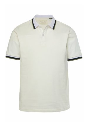 Pánské polo tričko s krátkým rukávem v bílé barvě z bavlny, s dvouknoflíkovým zapínáním, kontrastními námořnickými a zelenými pruhovanými manžetami a přeloženým límečkem.