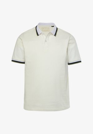 Kurzarm-Polohemd aus off-weißem Baumwollstoff mit einem Knopfverschluss aus zwei Knöpfen, kontrastierenden navy- und grünen gestreiften Bündchen und einem umgeschlagenen Kragen.