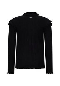 Schwarzer gerippter Pullover mit langen Ärmeln, der einen gerafften Halsausschnitt und Ärmelsäume hat. Das Etikett auf der Rückseite trägt die Aufschrift "RETOUR."